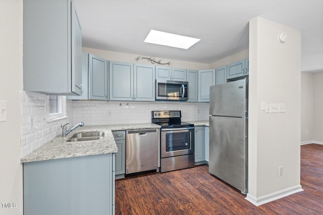 kitchen featuring appliances with stainless steel finishes, a skylight, a sink, and dark wood finished floors