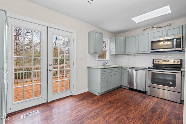 kitchen featuring tasteful backsplash, gray cabinetry, appliances with stainless steel finishes, dark wood-type flooring, and a sink