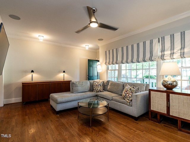 3504 Rock Creek Dr, Raleigh, NC 27609 - living area with crown molding, baseboards, ceiling fan, and wood finished floors