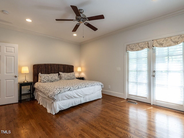 3504 Rock Creek Dr, Raleigh, NC 27609 - bedroom with access to outside, baseboards, ornamental molding, and dark wood-type flooring