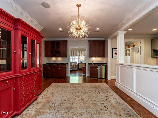 3504 Rock Creek Dr, Raleigh, NC 27609 - kitchen featuring a notable chandelier, ornamental molding, dark wood-type flooring, and dishwasher