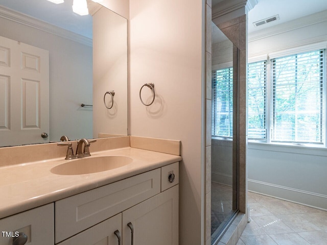 3504 Rock Creek Dr, Raleigh, NC 27609 - bathroom featuring a stall shower, visible vents, ornamental molding, and vanity