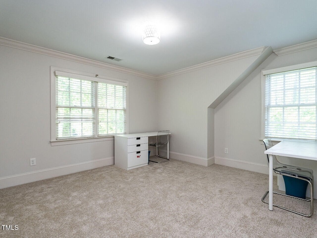 3504 Rock Creek Dr, Raleigh, NC 27609 - unfurnished office featuring crown molding, carpet flooring, visible vents, and baseboards