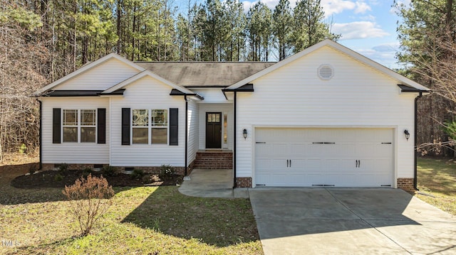 single story home with a garage, entry steps, concrete driveway, and crawl space