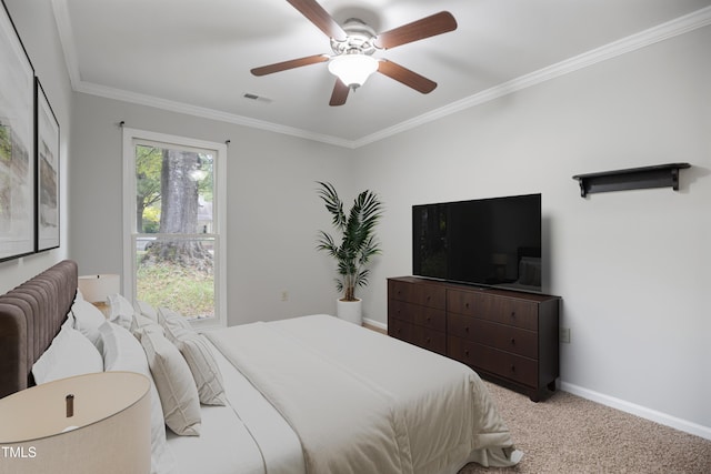 1512 Maybrook Dr, Raleigh, NC 27610 - bedroom with ceiling fan, baseboards, ornamental molding, carpet flooring, and visible vents