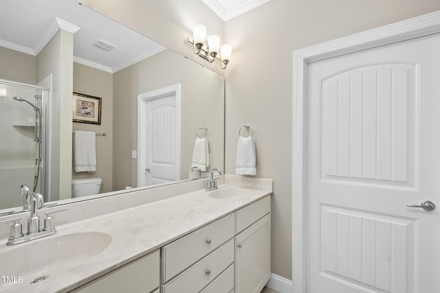 bathroom featuring double vanity, ornamental molding, a stall shower, and a sink