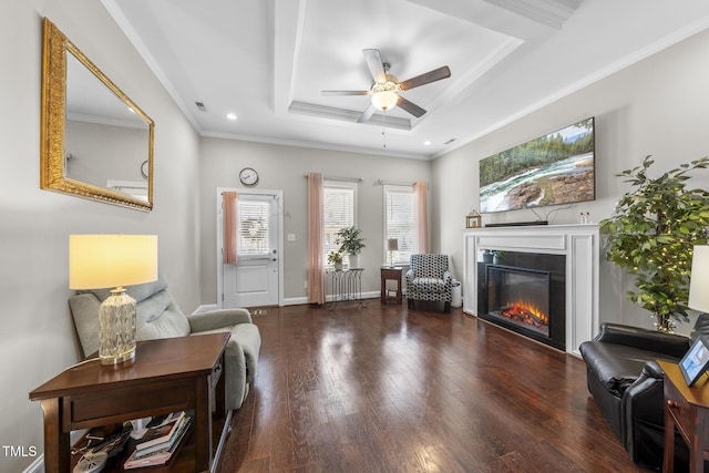 interior space with baseboards, a raised ceiling, a glass covered fireplace, wood finished floors, and crown molding