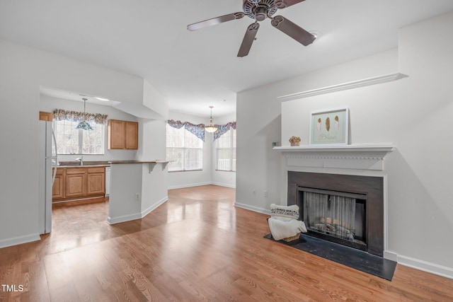 unfurnished living room with ceiling fan, light hardwood / wood-style floors, sink, and a healthy amount of sunlight