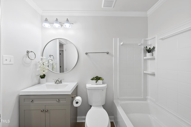 bathroom with toilet, vanity, visible vents, and ornamental molding