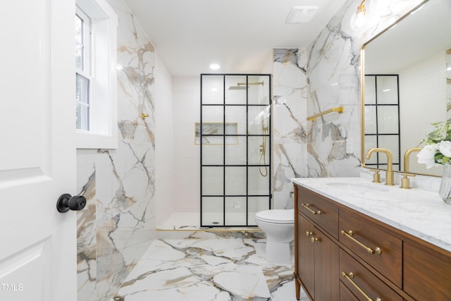 bathroom featuring vanity, tile walls, toilet, and walk in shower