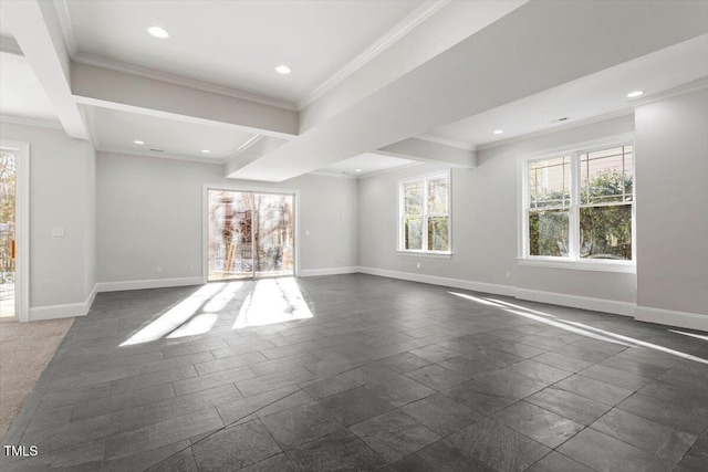 spare room featuring crown molding, beamed ceiling, recessed lighting, and baseboards