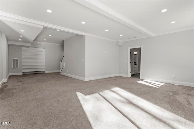 unfurnished room featuring recessed lighting, light colored carpet, baseboards, stairs, and ornamental molding