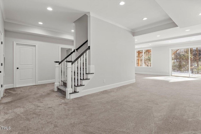 interior space featuring crown molding, recessed lighting, light colored carpet, stairway, and baseboards