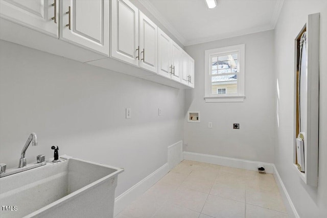 laundry area featuring hookup for a washing machine, cabinet space, ornamental molding, hookup for an electric dryer, and a sink