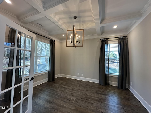 unfurnished dining area with dark wood-style flooring, coffered ceiling, and baseboards