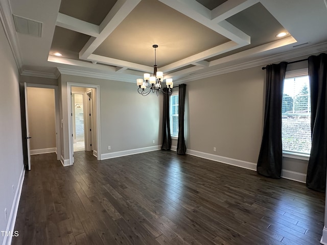 unfurnished room featuring baseboards, dark wood-style floors, ornamental molding, a notable chandelier, and recessed lighting