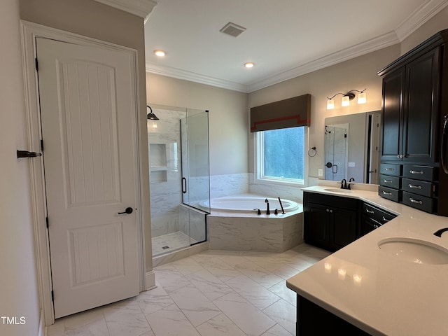 full bathroom featuring visible vents, marble finish floor, crown molding, vanity, and a bath