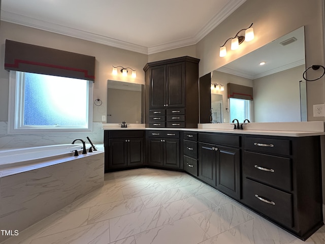 full bathroom featuring marble finish floor, vanity, visible vents, and crown molding