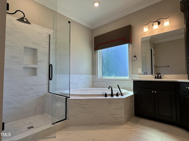 full bath with a garden tub, crown molding, vanity, and a marble finish shower