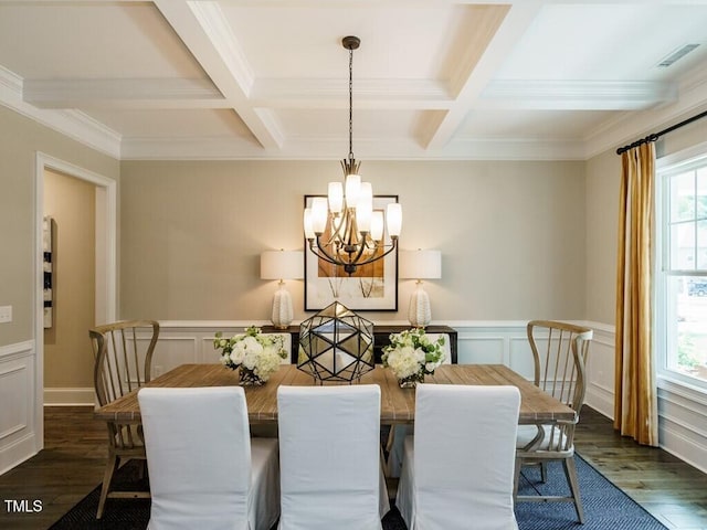 dining space featuring dark wood-style floors, coffered ceiling, beam ceiling, and an inviting chandelier