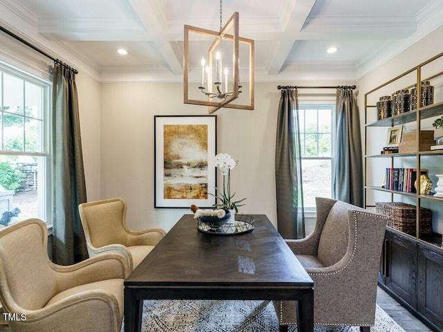 dining area with an inviting chandelier, coffered ceiling, beamed ceiling, and wood finished floors