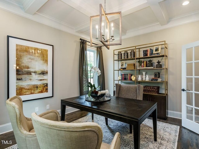 office featuring dark wood-style flooring, beam ceiling, ornamental molding, coffered ceiling, and baseboards