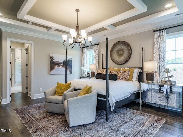 bedroom with crown molding, multiple windows, baseboards, and dark wood-type flooring