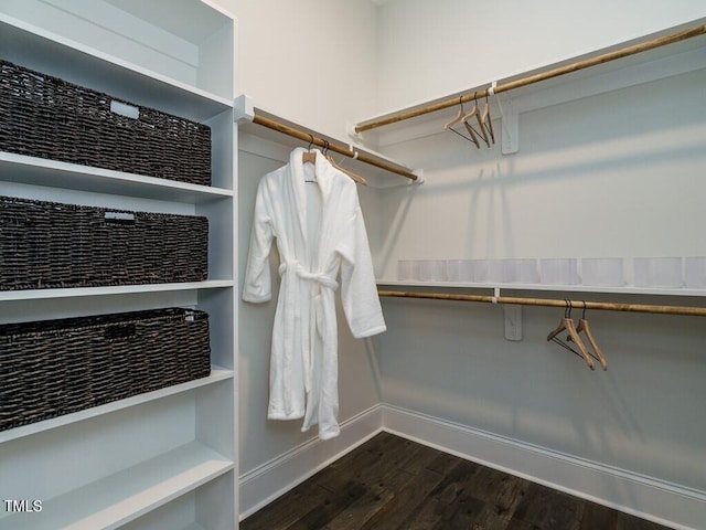 walk in closet with dark wood-style flooring