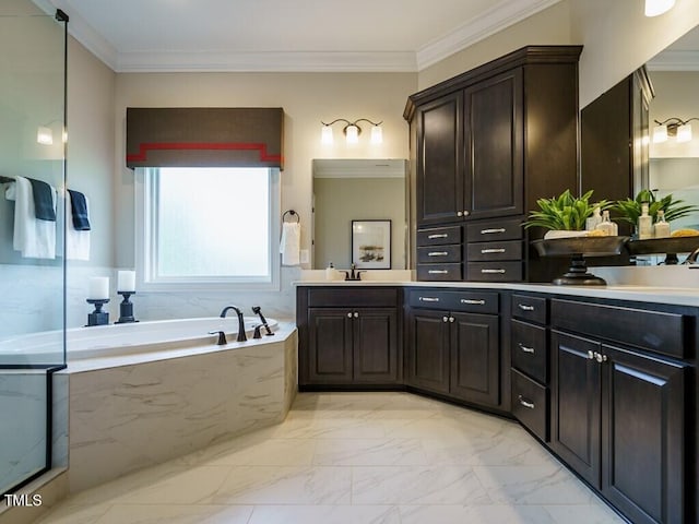 full bath featuring marble finish floor, ornamental molding, and a bath