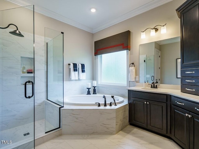 bathroom featuring a marble finish shower, marble finish floor, a garden tub, crown molding, and vanity