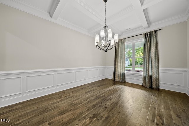 unfurnished dining area with a wainscoted wall, beam ceiling, a chandelier, coffered ceiling, and dark wood-type flooring