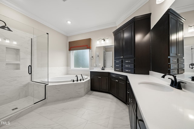 full bathroom featuring marble finish floor, vanity, a marble finish shower, a bath, and crown molding