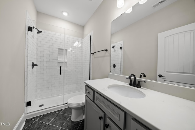 bathroom featuring toilet, a stall shower, visible vents, tile patterned flooring, and vanity