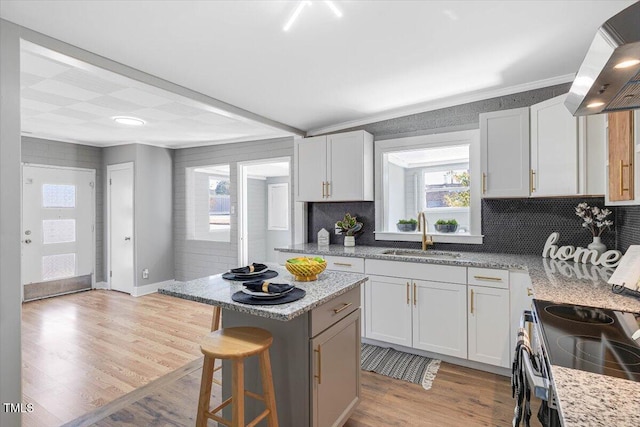 kitchen featuring ventilation hood, sink, a kitchen island, and white cabinets