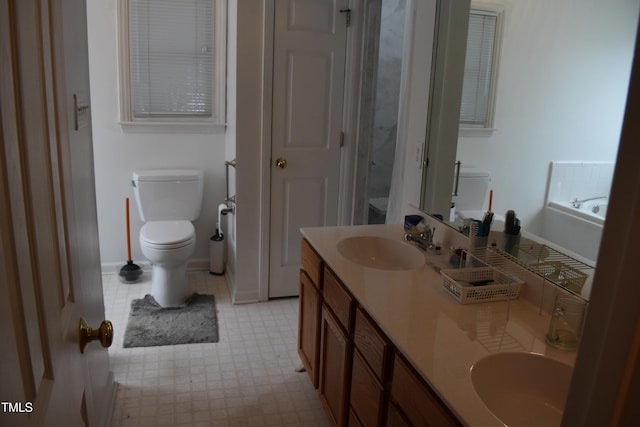 bathroom featuring vanity, a bathtub, and toilet