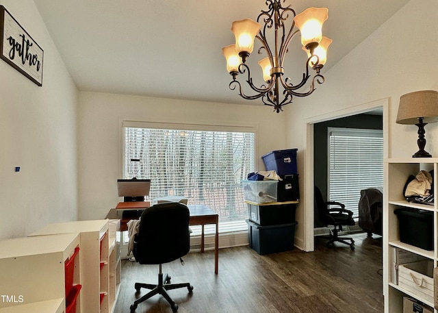 office space featuring dark hardwood / wood-style flooring and a chandelier