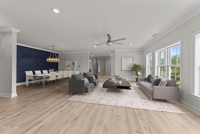 1400 Gathering Park Cir Unit 202, Cary, NC 27519 - living room with crown molding, wood finished floors, recessed lighting, a ceiling fan, and a chandelier