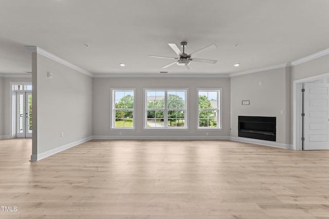 1400 Gathering Park Cir Unit 202, Cary, NC 27519 - unfurnished living room featuring ornamental molding, plenty of natural light, ceiling fan, light wood-style flooring, and recessed lighting