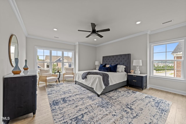 1400 Gathering Park Cir Unit 202, Cary, NC 27519 - bedroom featuring light wood-type flooring, a ceiling fan, crown molding, and recessed lighting