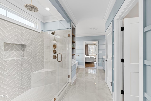 bathroom featuring connected bathroom, marble finish floor, a shower stall, a wealth of natural light, and crown molding