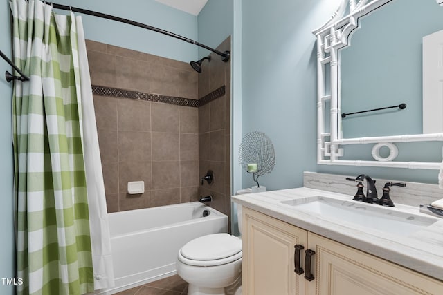 full bathroom with toilet, vanity, shower / bathtub combination with curtain, and tile patterned flooring