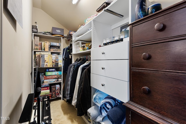 spacious closet with vaulted ceiling and light carpet