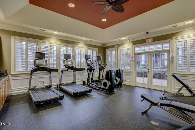 workout area with french doors, ornamental molding, a raised ceiling, and plenty of natural light