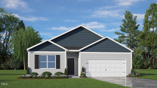 view of front of property with a garage and a front lawn