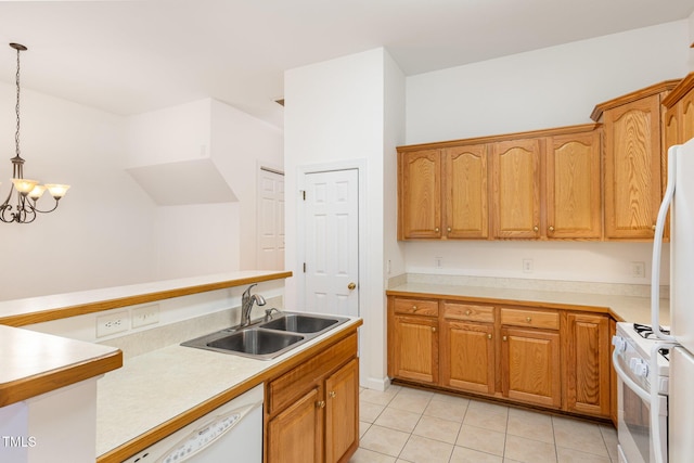 kitchen with pendant lighting, sink, white appliances, light tile patterned floors, and a chandelier