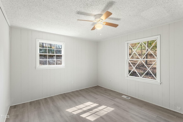 spare room featuring light wood-type flooring, a textured ceiling, and a wealth of natural light