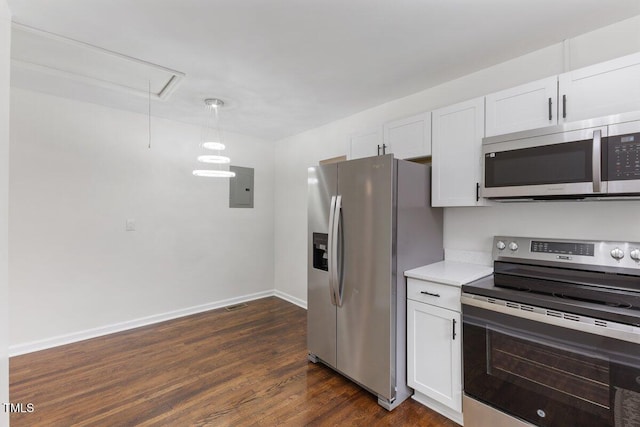 kitchen with white cabinetry, appliances with stainless steel finishes, electric panel, and hanging light fixtures