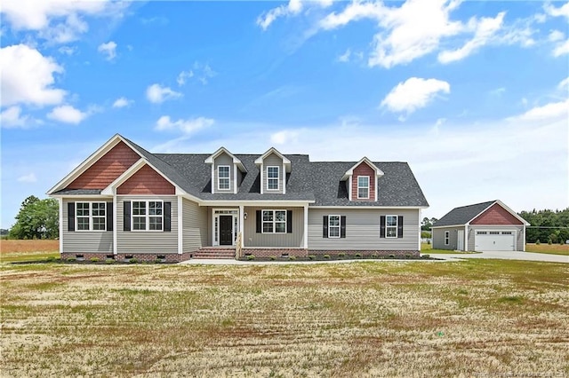 view of front facade with roof with shingles, a porch, a front lawn, and crawl space