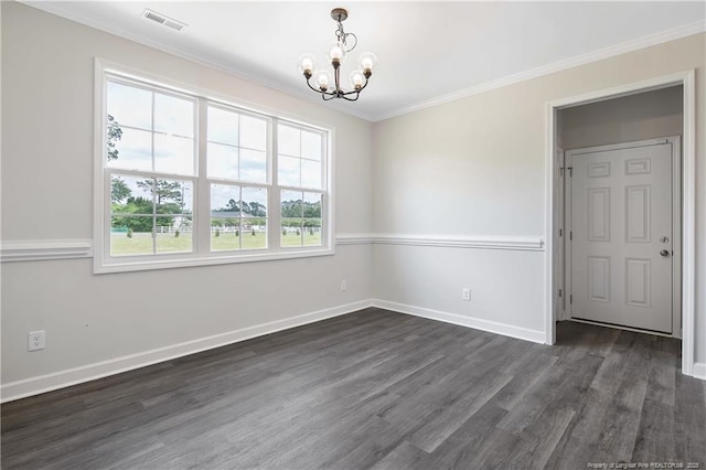 unfurnished room with visible vents, crown molding, dark wood finished floors, baseboards, and a chandelier