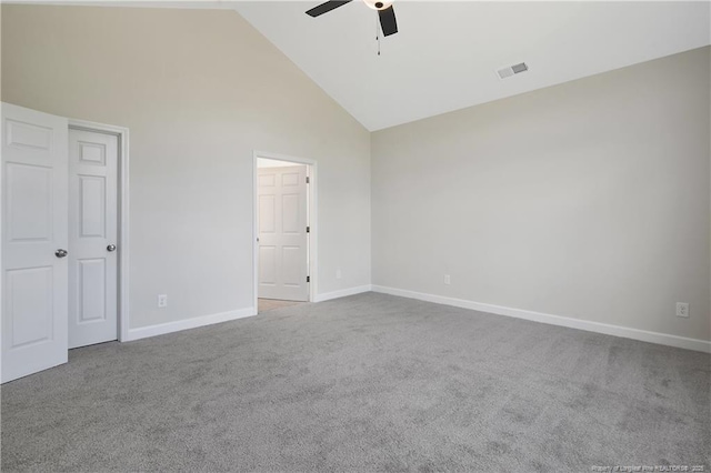 unfurnished bedroom featuring ceiling fan, carpet floors, high vaulted ceiling, baseboards, and visible vents